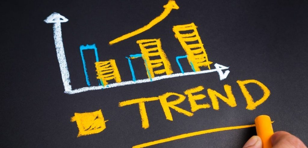 Black chalkboard with digital marketing trends drawn on it