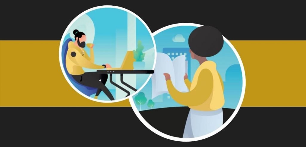Man and woman reading on a black and yellow background